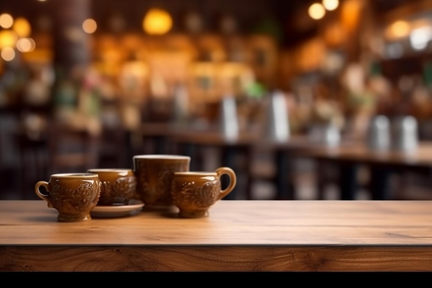 A table with three cups on it and a blurry background with a blurry background.