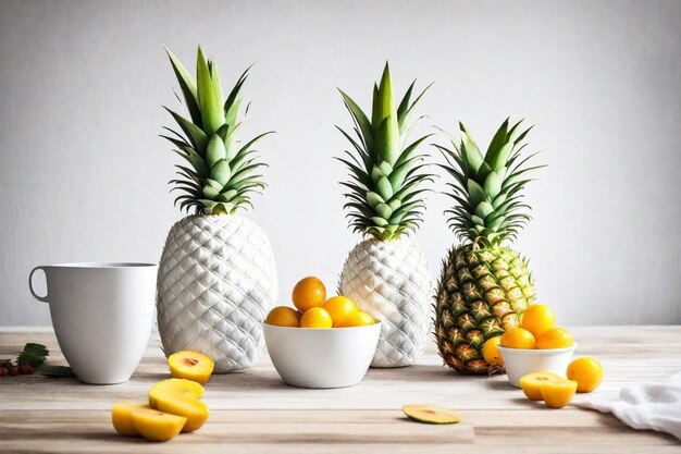 a table with three pineapples and a bowl of oranges