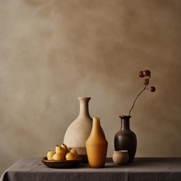 A table with three vases and a plant on it