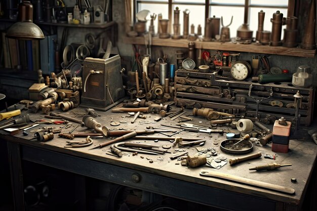 A table with tools and a clock on it