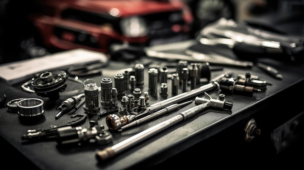 A table with tools including a wrench and a red car in the background.