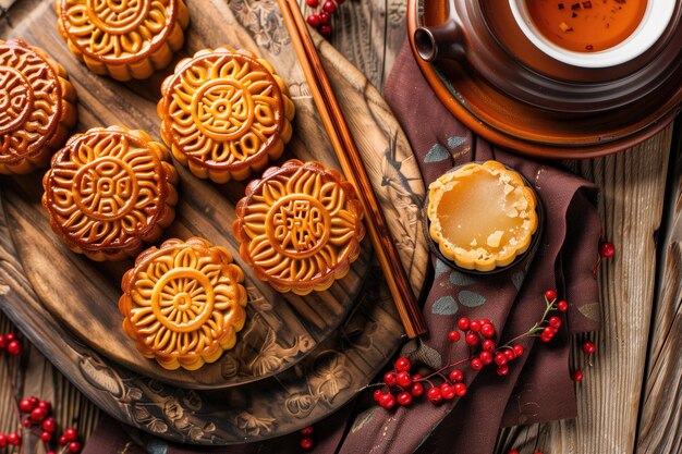 a table with a tray of cookies and a candle on it