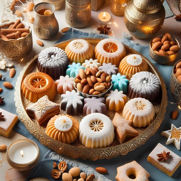 Foto un tavolo con un vassoio di biscotti e candele con una candela al centro