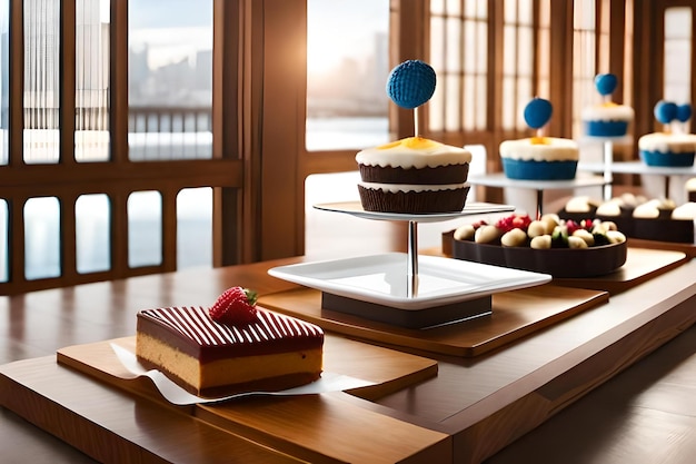 A table with a tray of cupcakes and a cake stand with a tray of cupcakes on it.