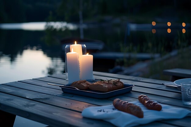 A table with a tray of food and a candle on it