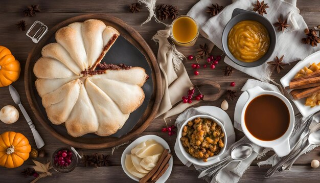 Photo a table with a tray of food including bread a bowl of oatmeal and a bowl of oatmeal