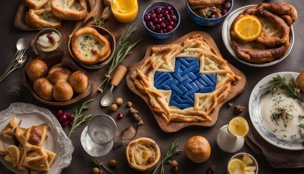 Photo a table with a tray of food including a star symbol on it