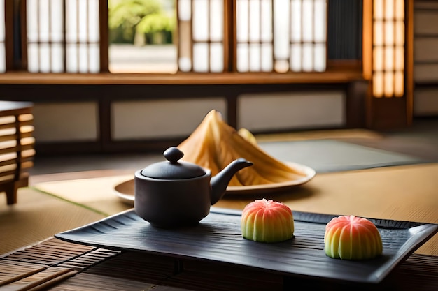 A table with a tray of food and a window behind it