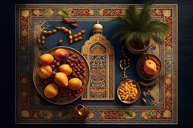 A table with a tray with a plate of fruit and a jar of fruit.