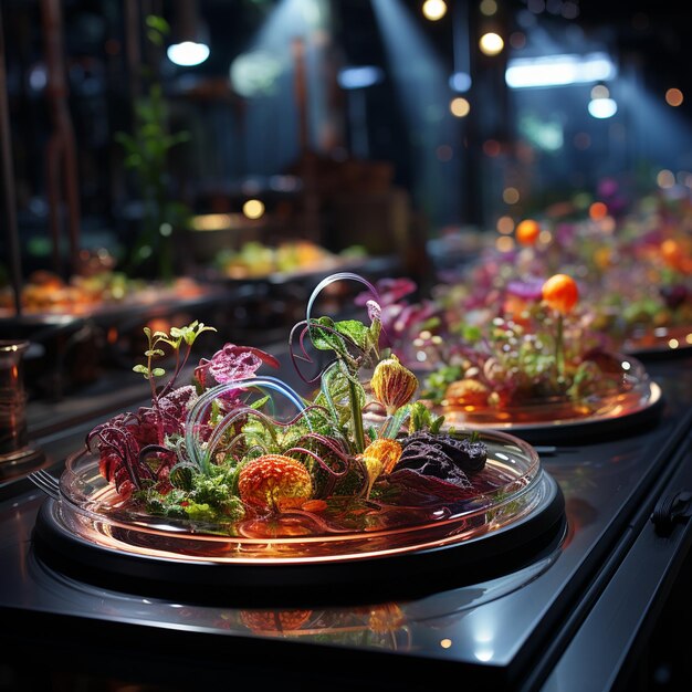 A table with trays of food and a glass of wine.