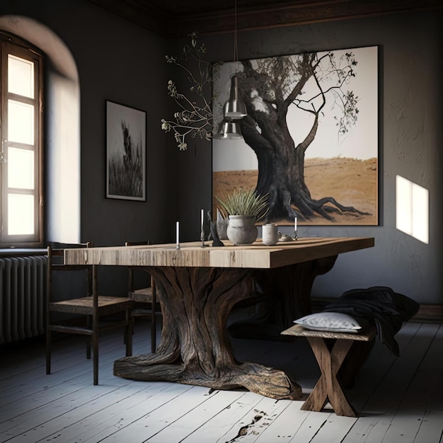 A table with a tree in the corner