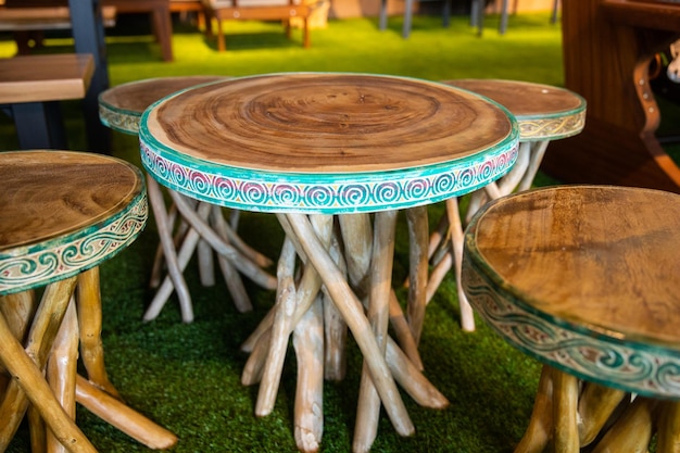 A table with a tree stump on it