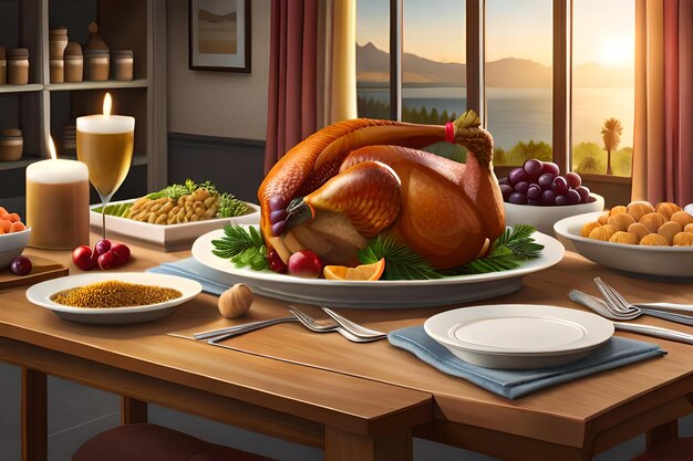 a table with a turkey and a glass of wine.