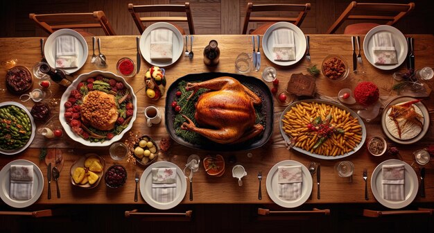 Photo a table with a turkey and other foods including a turkey and pasta