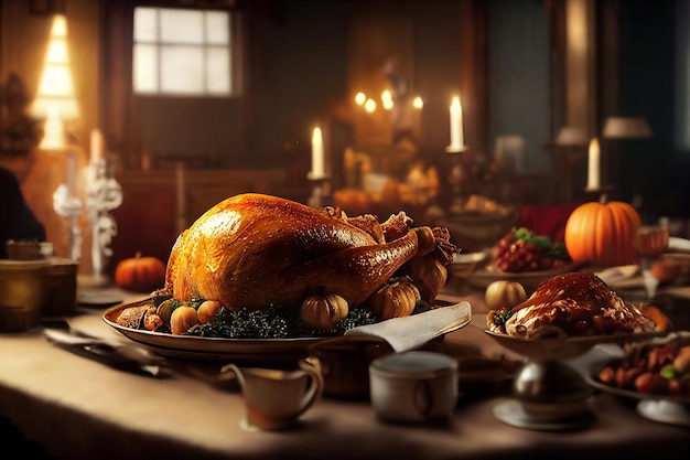 a table with a turkey and pumpkins on it