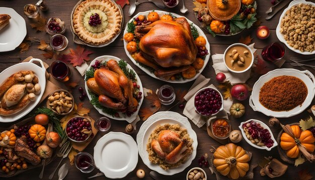 Photo a table with a turkey turkey and other thanksgiving items