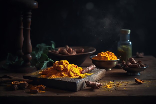 A table with turmeric and ginger on it