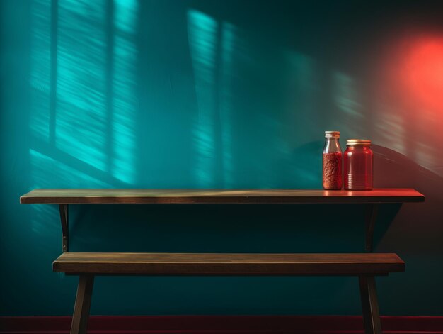 A table with two bottles on it in front of a blue wall