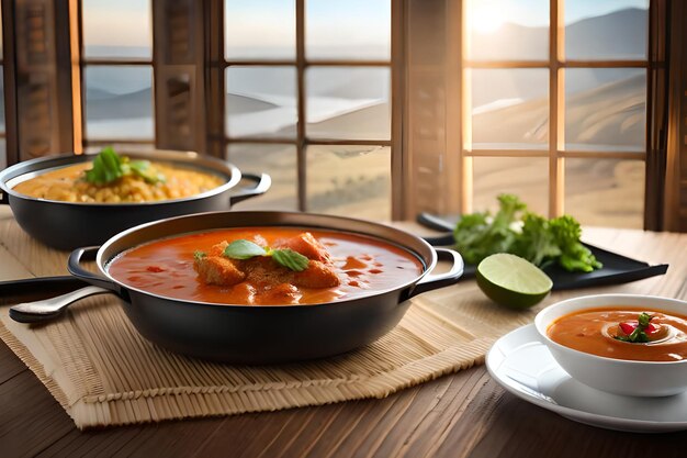 A table with two bowls of food including chicken and curry.