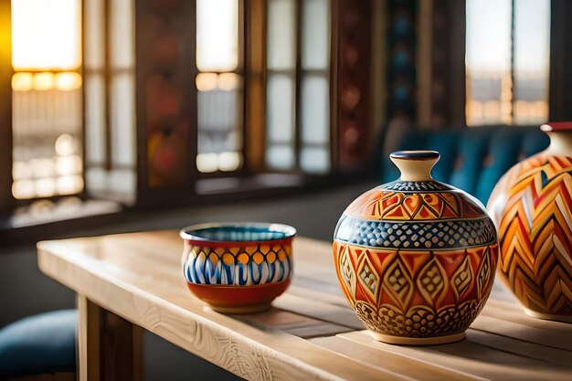 a table with two bowls and one that has the word " on it.