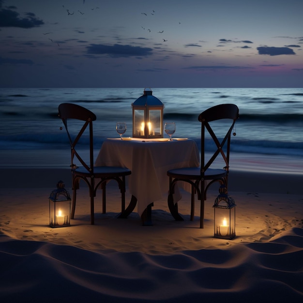 A table with two chairs and two lanterns on it.