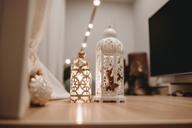 Photo a table with two lanterns on it and a monitor on the right side.