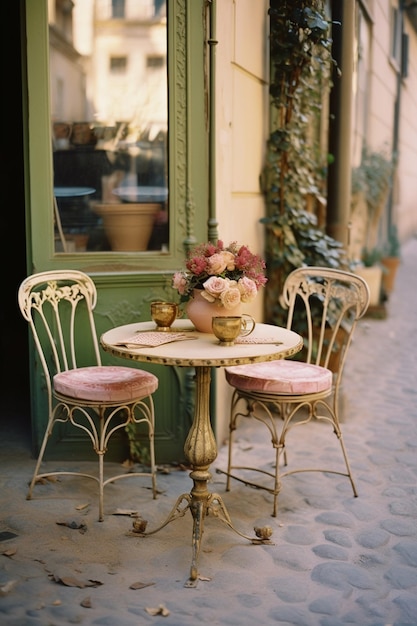 Photo a table with two pink chairs and a vase of flowers on it