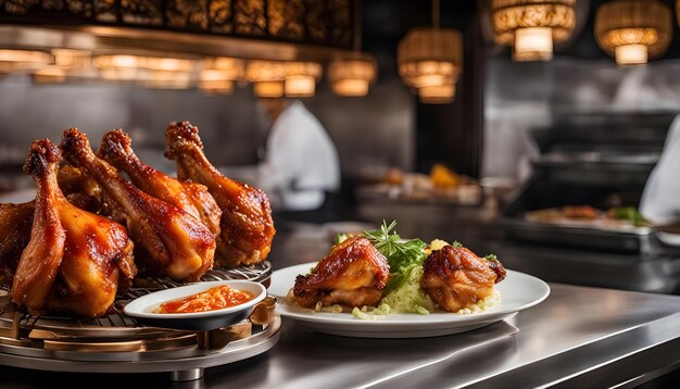 Photo a table with two plates of food including chicken and a chicken