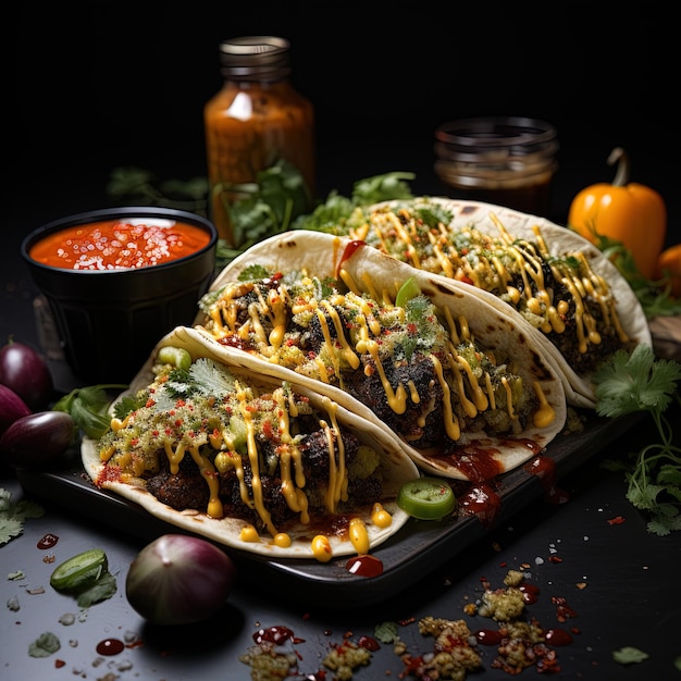 a table with two tacos and a bottle of ketchup