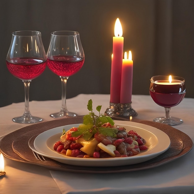 A table with two wine glasses and a plate of food with a red candle.