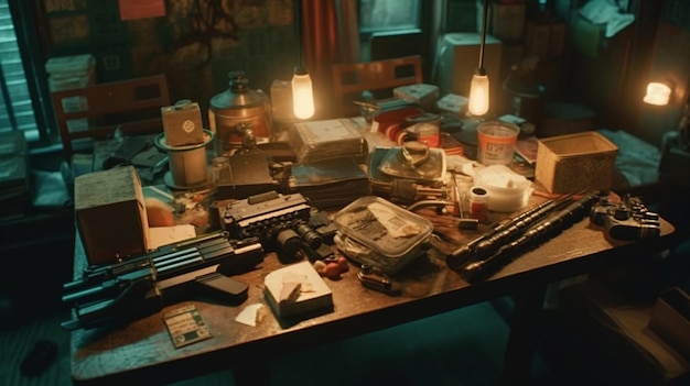 A table with a typewriter and a lamp that says'the dark knight '