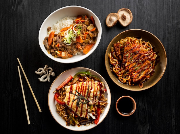 Table with typical Japanese food seen from above