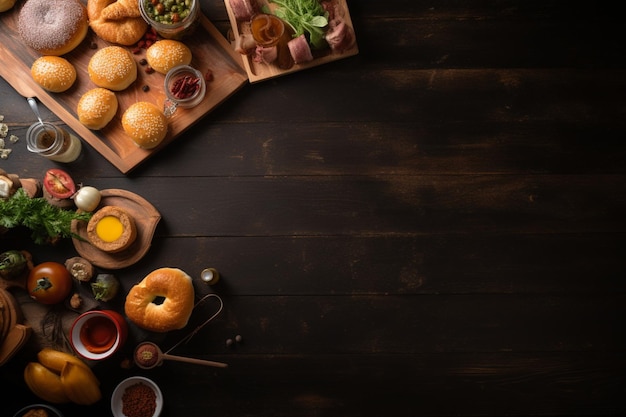 A table with a variety of bagels and other food on it