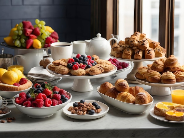 a table with a variety of breakfast foods on it and a pitcher of orange juice