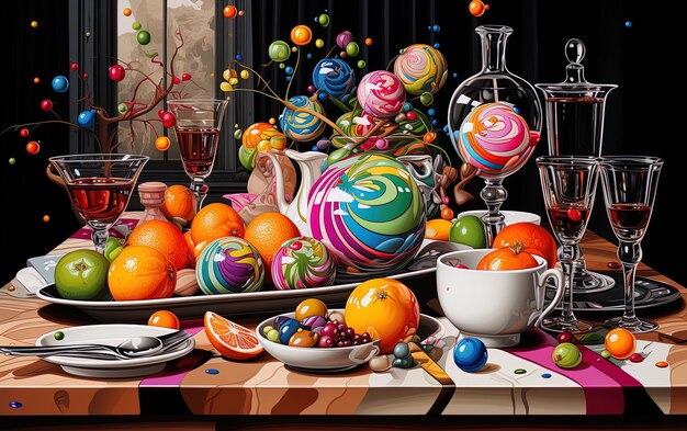 a table with a variety of colorful items including a bowl of fruit and a vase with a number of flowers