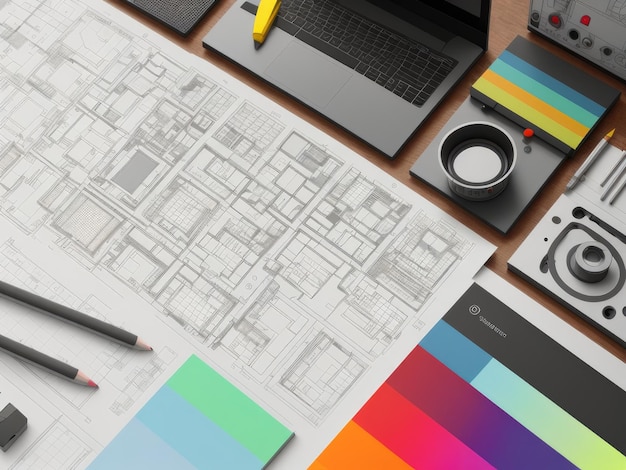 A table with a variety of design tools including a color palette, a pen, a ruler, and a pen.