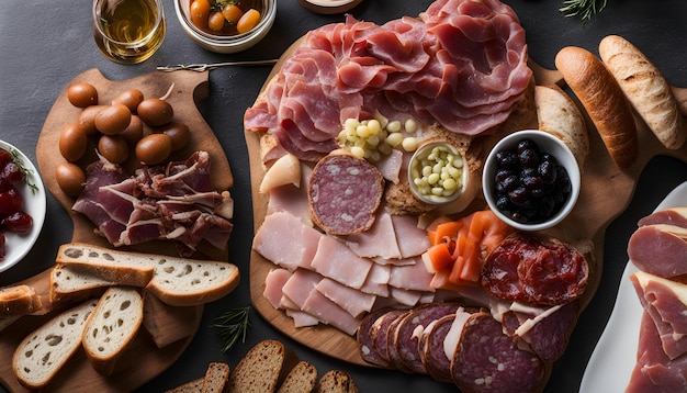 a table with a variety of different types of food including ham cheese and other ingredients