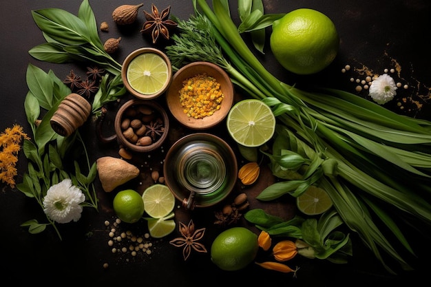 Foto un tavolo con una varietà di cibi e una ciotola di lime e una boccata di lime.