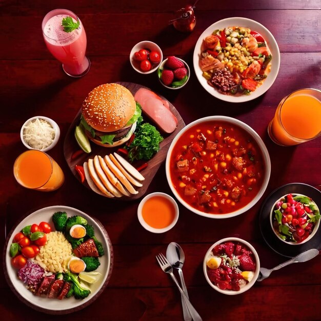 Photo table with a variety of food and drink buffet smorgasbord potluck meal assortment