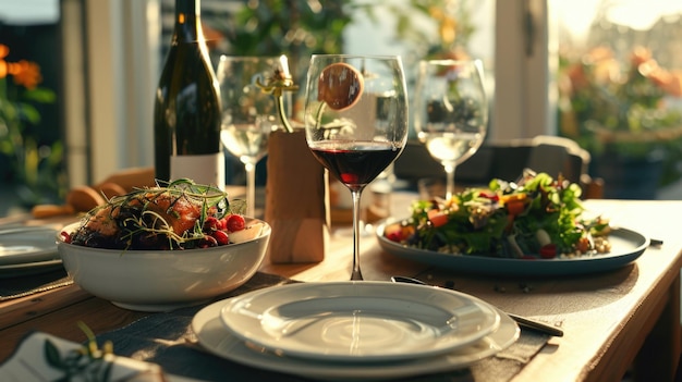 Foto un tavolo con una varietà di cibi e bevande tra cui vino e insalata