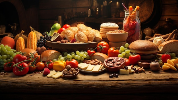 Photo a table with a variety of food including cheese cheese and other foods