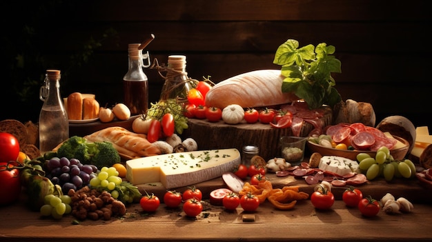 a table with a variety of food including cheese vegetables and bread