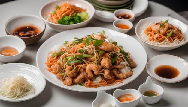 Photo a table with a variety of food including chicken and vegetables