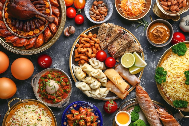 食べ物と食べ物の皿を含む様々な食べ物を備えたテーブル