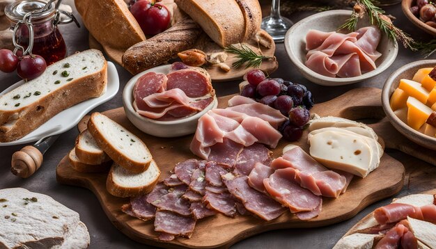 a table with a variety of food including ham cheese and bread