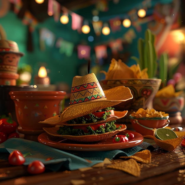 Photo a table with a variety of food including a hat chips and other items