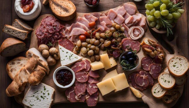 a table with a variety of food including meat cheese and cheese