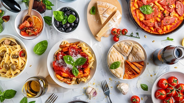 Photo a table with a variety of food including pasta cheese and veggies