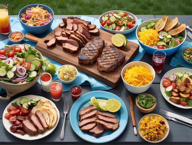 a table with a variety of food on it and a cutting board