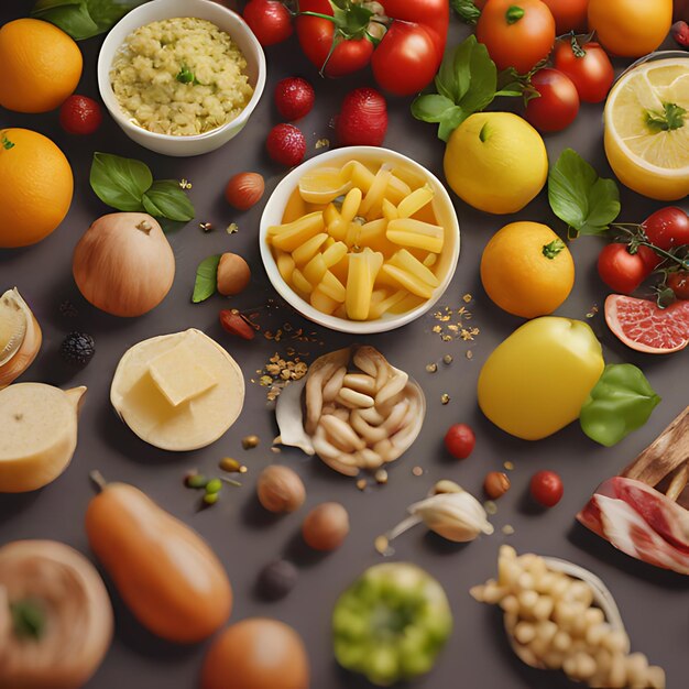 стол с различными фруктами, включая макароны и сыр